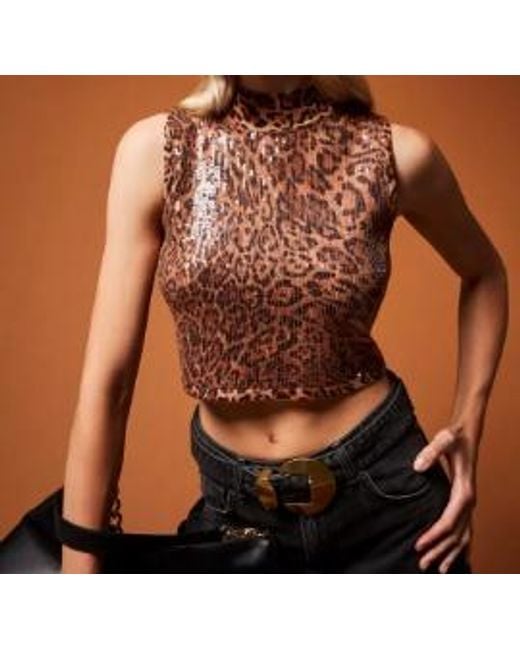 Twinset Brown Leopard-Print Sequin-Embellished Top