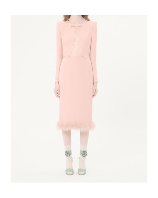 Valentino Pink Cady Couture Midi Dress With Feathers