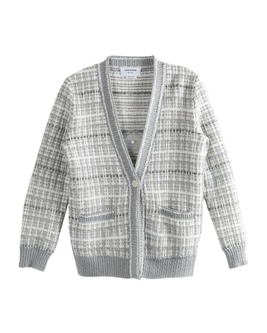 Thom Browne Gray Tuck Stitch Tweed Elongated V-Neck Cardigan