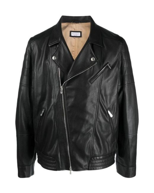 Brunello Cucinelli Black Leather Biker Jacket for men