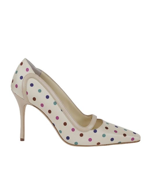 Manolo Blahnik White Labama Polka-Dot Silk Pumps