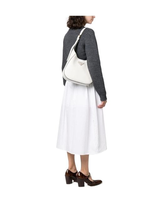 Prada White Triangle-Logo Leather Shoulder Bag