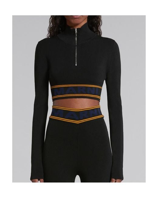 Marni Black Logo Intarsia-Knit High Neck Cropped Jumper