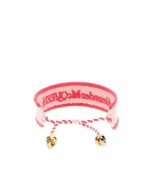 McQueen Pink Logo Embroidered Skull Bracelet