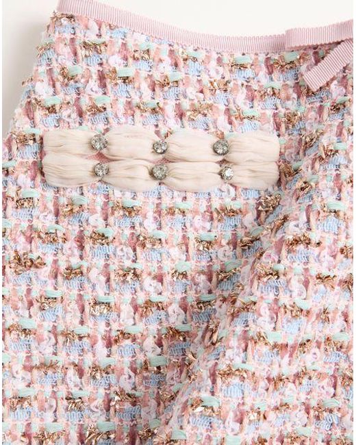Valentino Natural Bow Detailed Frayed Hem Tweed Skirt