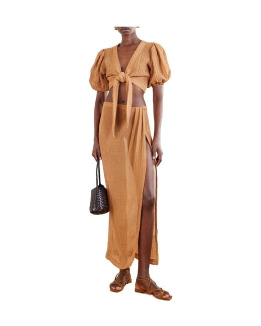 Lisa Marie Fernandez Brown Pouf Cropped Linen-Blend Gauze Wrap Top