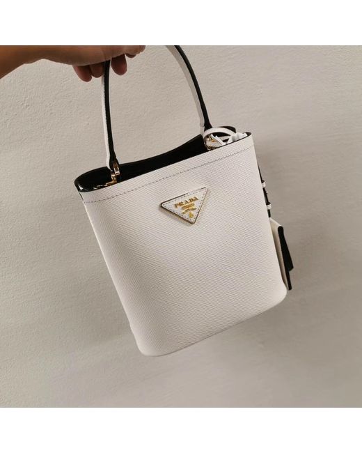 Prada White Small Saffiano Leather Panier Bag