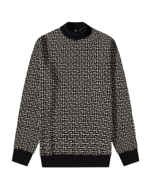 Balmain Black Monogram-Intarsia Knitted Roll-Neck Jumper for men