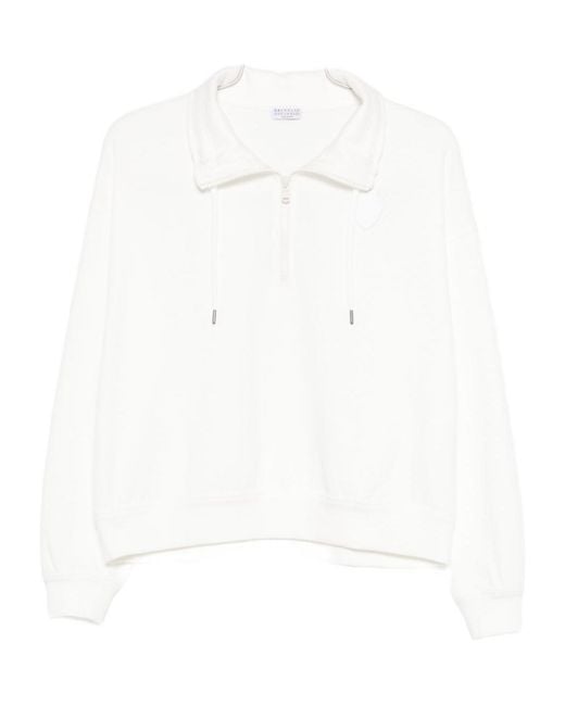 Brunello Cucinelli White Quater-Zip Detailed Sweatshirt