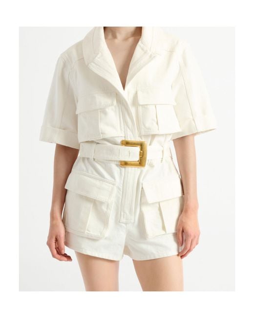 Balmain White Belted Denim Playsuit