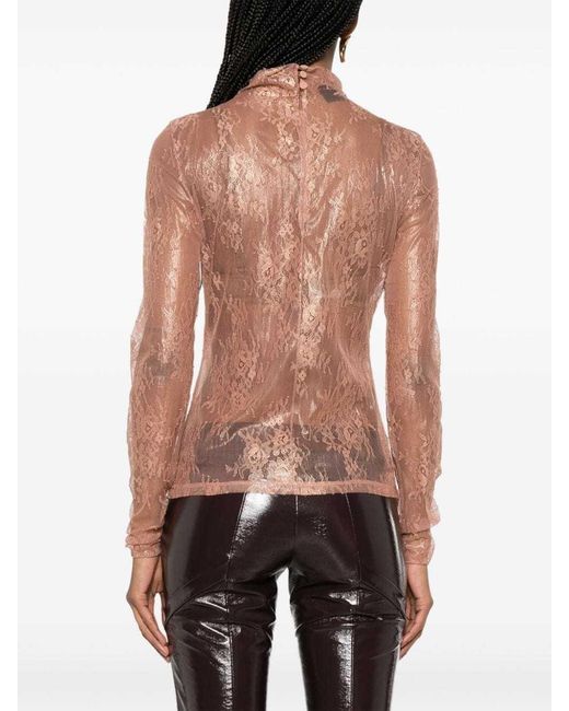 Pinko Pink Lace-Detailed Roll-Neck Semi-Sheer Top