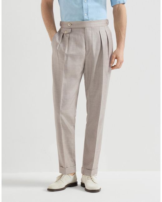 Brunello Cucinelli Gray Cashmere And Silk Chevron Trousers With Double Pleats And Waist Tabs for men
