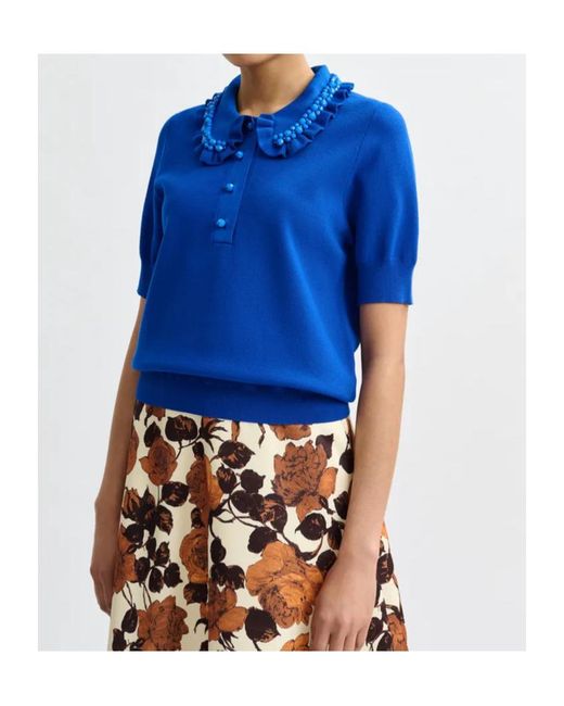 Essentiel Antwerp Blue Ruffle Fine-Knit Polo Top With Bead Embellishments