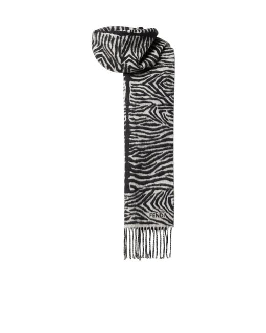 Fendi Gray Wool Scarf With Tiger Animalier Print