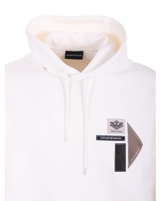 Emporio Armani White Logo Patch Drawstring Hoodie for men