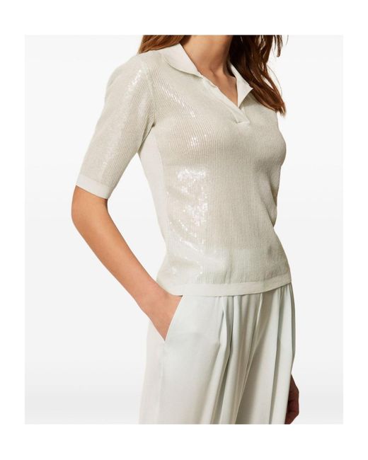 Twinset White Sequin Embellished Short-Sleeved Polo Shirt