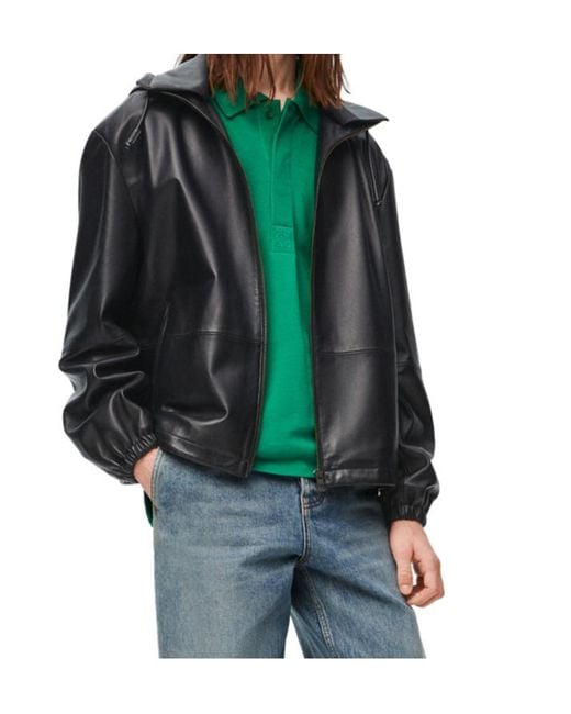 Loewe Black Hooded Zipped Leather Jacket for men