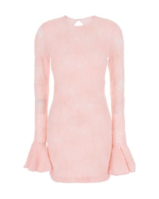 ROTATE BIRGER CHRISTENSEN Pink Mesh Frill Crewneck Mini Dress