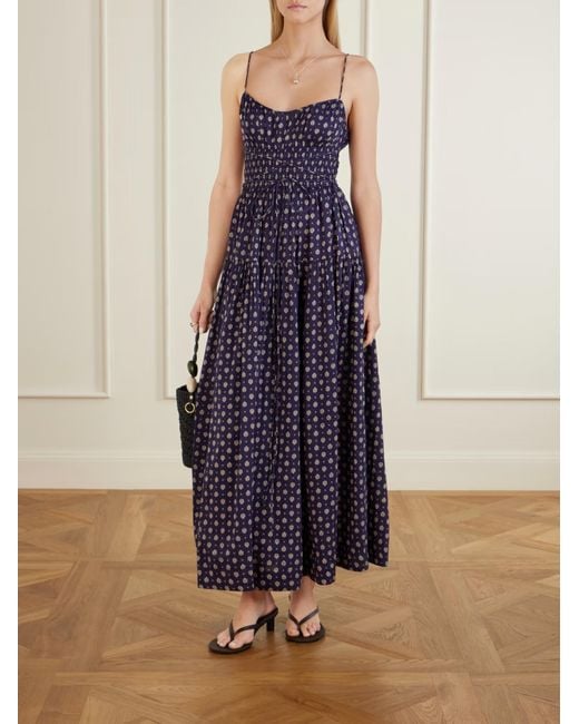 Doen Purple Safia Smocked Printed Cotton And Silk-Blend Voile Maxi Dress