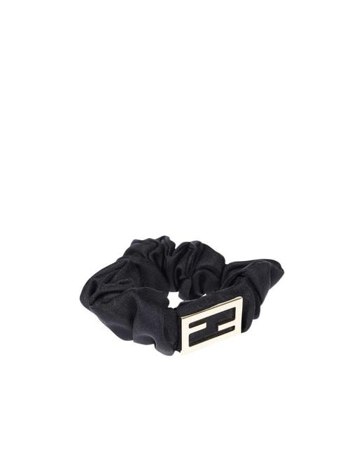 Fendi Black Logo-Plaque Silk Scrunchie