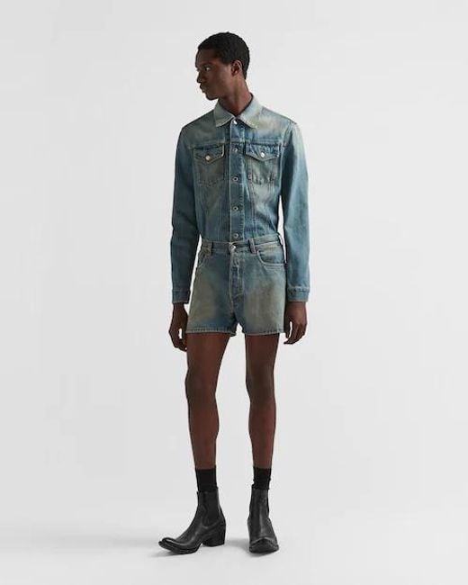 Prada Blue Enamelled Tag Detailed Denim Jacket for men