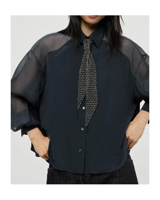 Brunello Cucinelli Blue Silk Crêpe De Chine Paneled Shirt With Monili