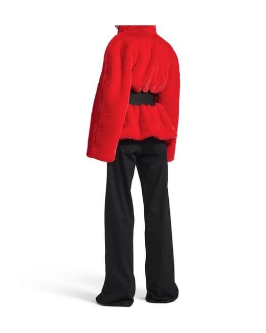 Balenciaga Red Belted Faux Fur Coat