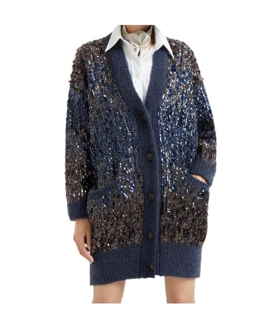 Brunello Cucinelli Blue Sequin-Embellished Cardigan