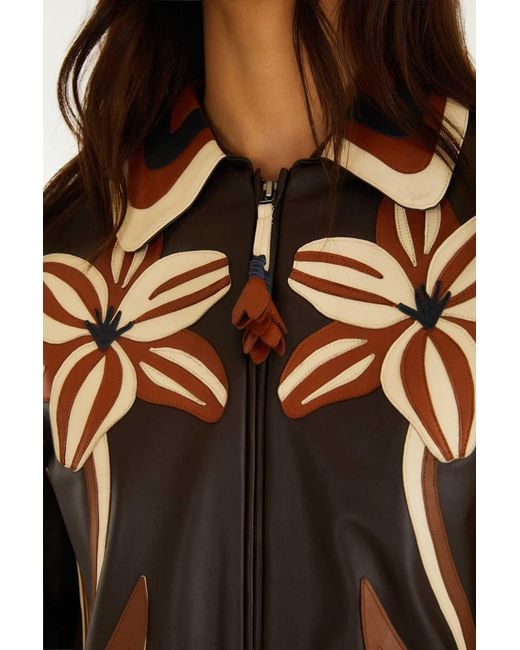 Farm Rio Brown Flower Cutwork Collared Leather Jacket