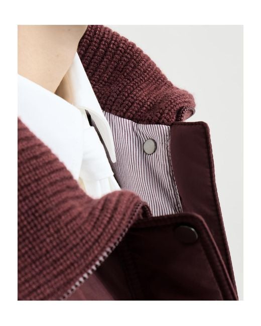 Brunello Cucinelli Red Techno Cotton Taffeta And Virgin Wool, Cashmere And Silk Knit Down Jacket With Shiny Zipper Pull