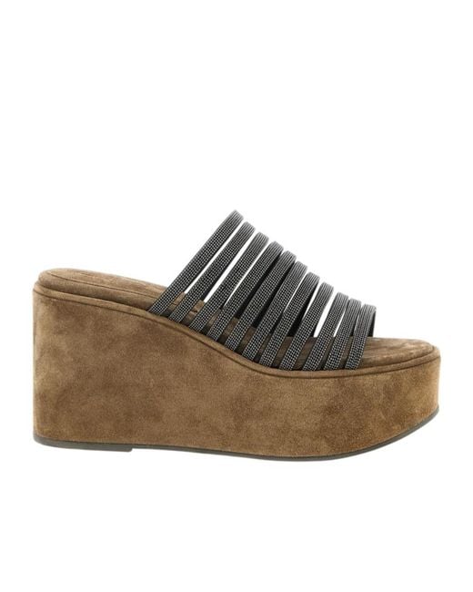 Brunello Cucinelli Brown Embellished Slip On Sandals