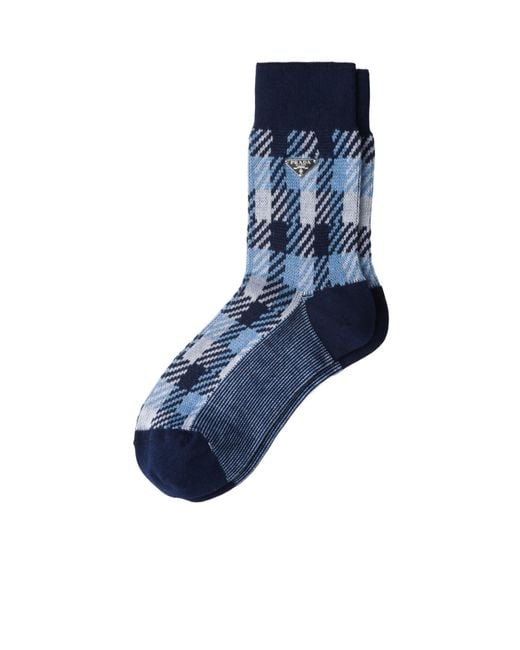 Prada Blue Triangle-Logo Houndstooth Pattern Knitted Socks