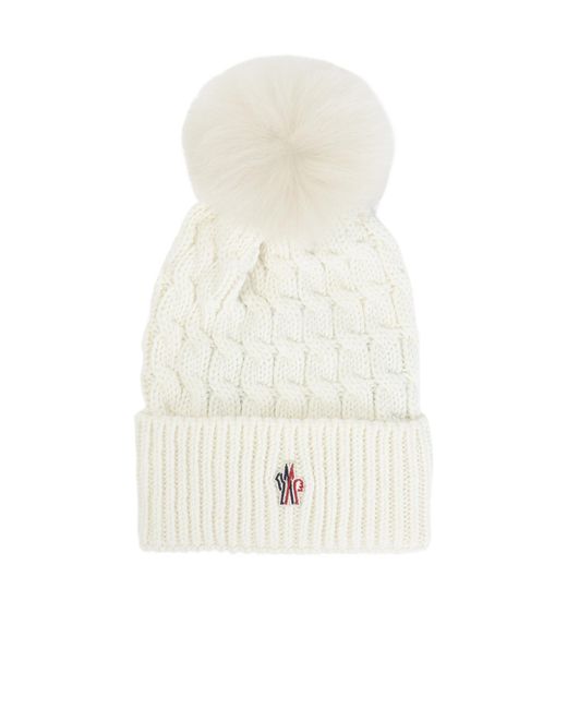 Moncler White Grenoble Pompom Cable Knit Beanie