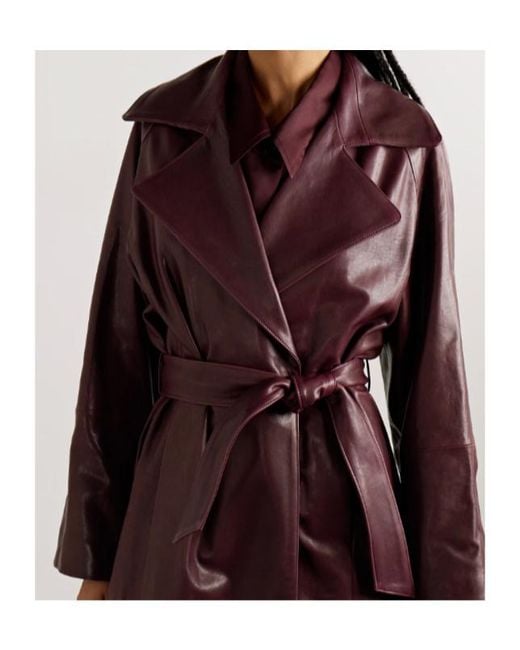 Nour Hammour Red Briona Belted Shearling-Trimmed Leather Coat