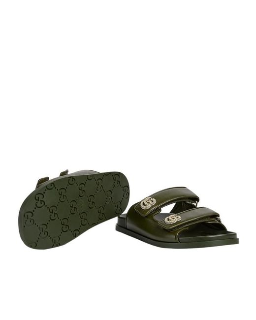 Gucci Green Crystal Double Strap Flat Sandals