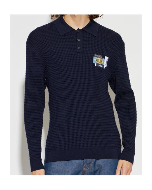 Moschino Blue Collared Long-Sleeved Knit Sweater for men
