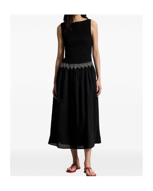 Polo Ralph Lauren Black Shirred-Trim Midi Dress