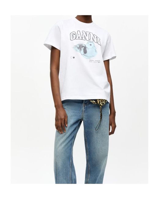 Ganni White Logo Printed Crewneck T-Shirt
