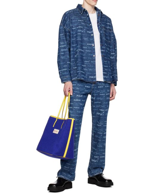 Marni Blue Allover Logo Printed Denim Shirt for men