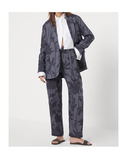 Brunello Cucinelli Blue Floral-Print Linen Trousers