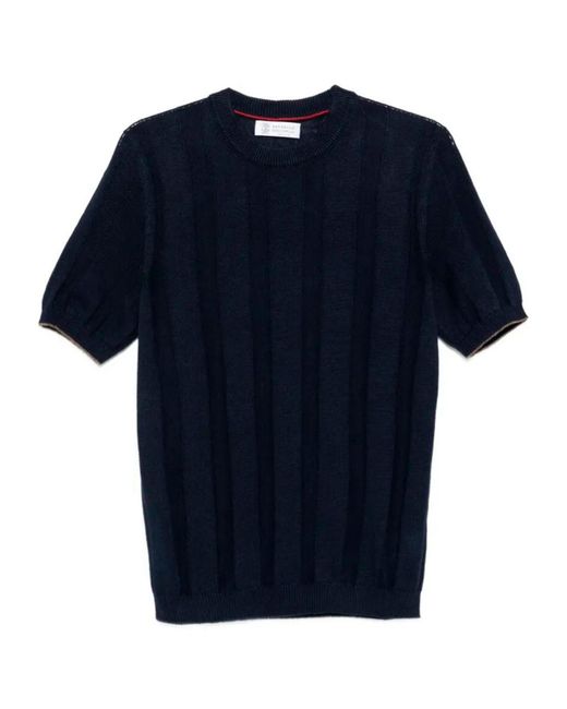 Brunello Cucinelli Blue Ribbed Short-Sleeve T-Shirt for men