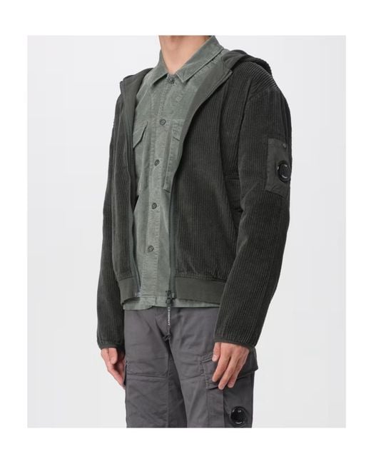 C P Company Black Corduroy 350 Full Zip Hooded Sweatshirt for men