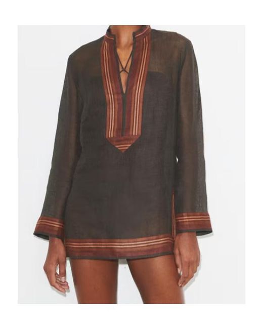 Tory Burch Brown V-Neck Striped Detail Blouse