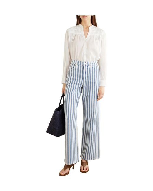 Veronica Beard Blue Striped High-Rise Wide-Leg Jeans