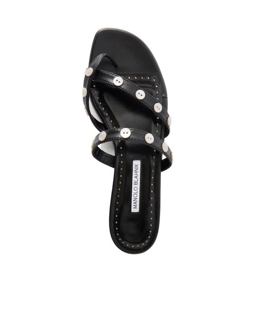 Manolo Blahnik White Button-Embellished Leather Sandals
