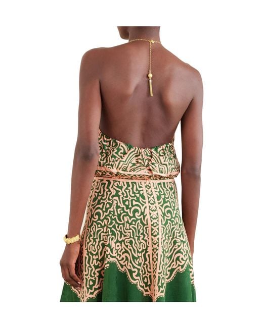 Johanna Ortiz Green Bow-Detailed Embellished Satin-Jacquard Top