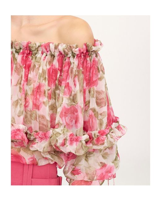 Chloé Pink Chloé Ruffled Floral Off-Shoulder Top