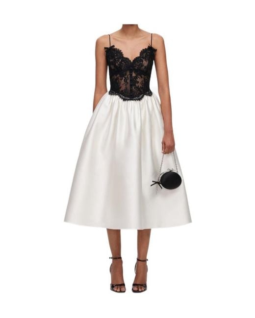 Self-Portrait White Cream Taffeta Contrast Lace Midi Dress