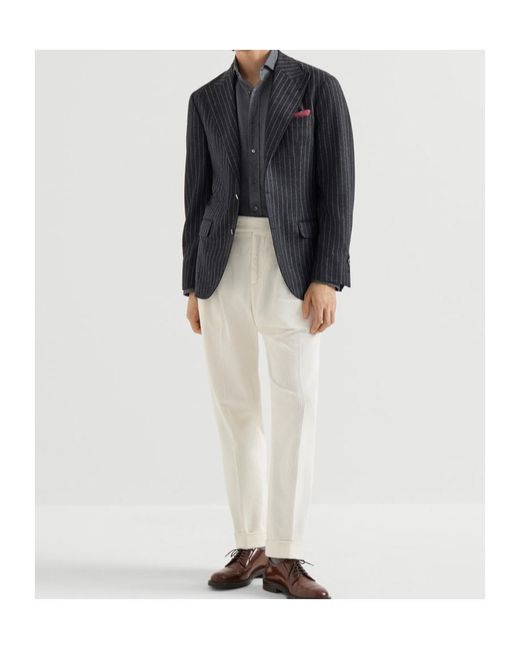 Brunello Cucinelli Gray Stretch Cotton Chevron Flannel Shirt With Spread Collar for men