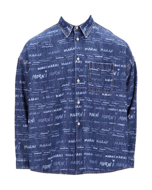 Marni Blue Allover Logo Printed Denim Shirt for men